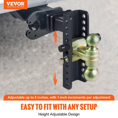 Adjustable Trailer Hitch, 203.2 mm Drop & 165.1 mm Rise Hitch Ball Mount with 50.8 mm Receiver, Solid Tube, 6350 kg GTW, 50.8 m and 58.7 mm 45# Steel Tow Balls with Key Lock for Truck Towing.