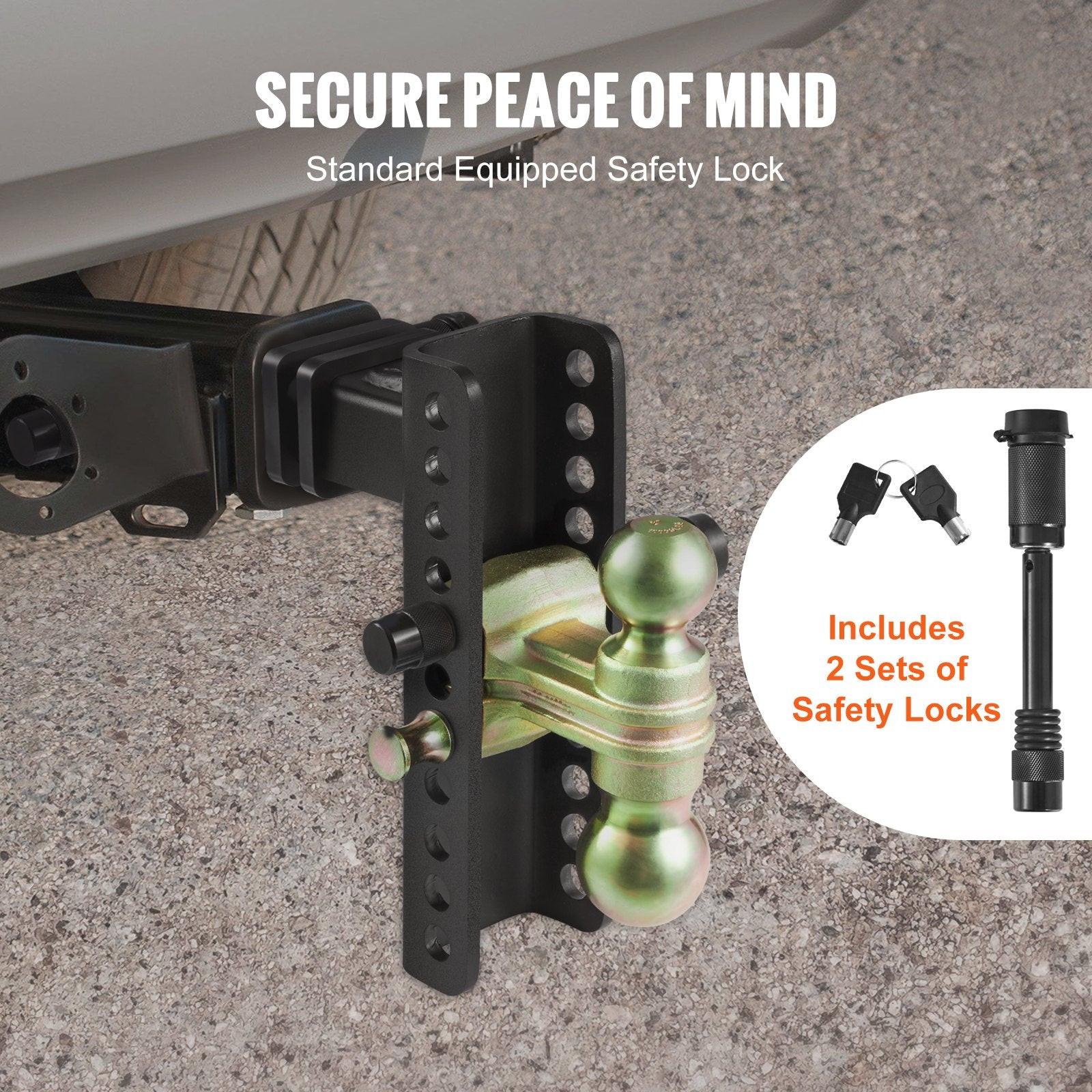 Adjustable Trailer Hitch, 203.2 mm Drop & 165.1 mm Rise Hitch Ball Mount with 50.8 mm Receiver, Solid Tube, 6350 kg GTW, 50.8 m and 58.7 mm 45# Steel Tow Balls with Key Lock for Truck Towing.