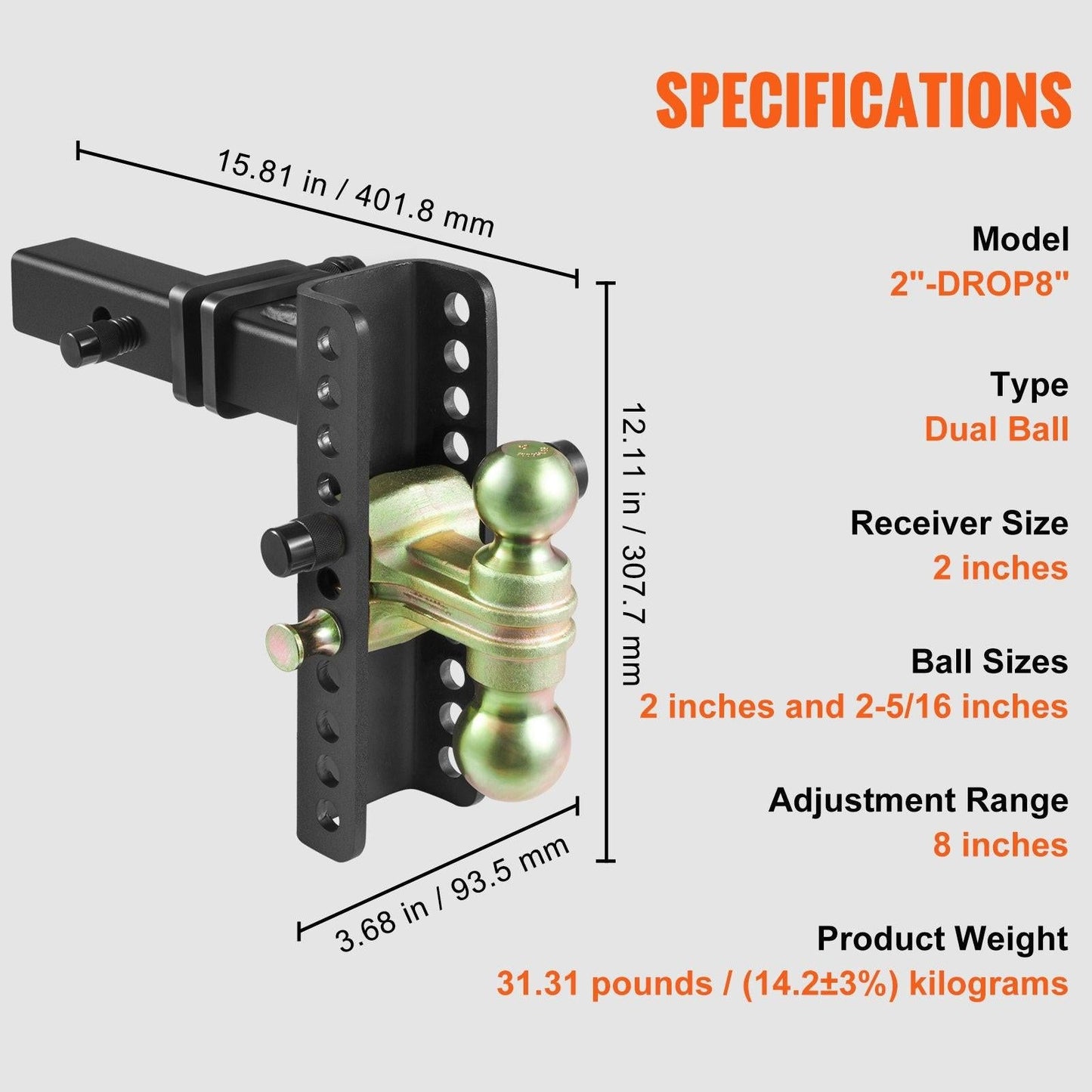 Adjustable Trailer Hitch, 203.2 mm Drop & 165.1 mm Rise Hitch Ball Mount with 50.8 mm Receiver, Solid Tube, 6350 kg GTW, 50.8 m and 58.7 mm 45# Steel Tow Balls with Key Lock for Truck Towing.