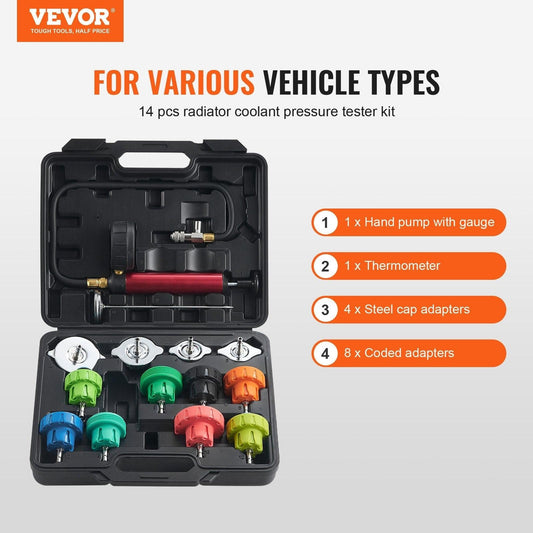 14 pcs Universal Radiator Pressure Tester Kit, Coolant Pressure Tester Kit with Manual Pump and Color-coded Steel Test Cap Adapters, with Toolbox, For Cars Motorcycles Trucks Cooling System.