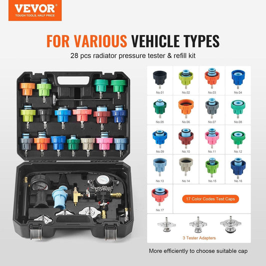 28 pcs Universal Radiator Pressure Tester Kit, Coolant Pressure Tester Kit with Manual Pump and Color-coded Test Caps, Coolant Vacuum Refill kit for Cars Motorcycles Trucks Cooling System.