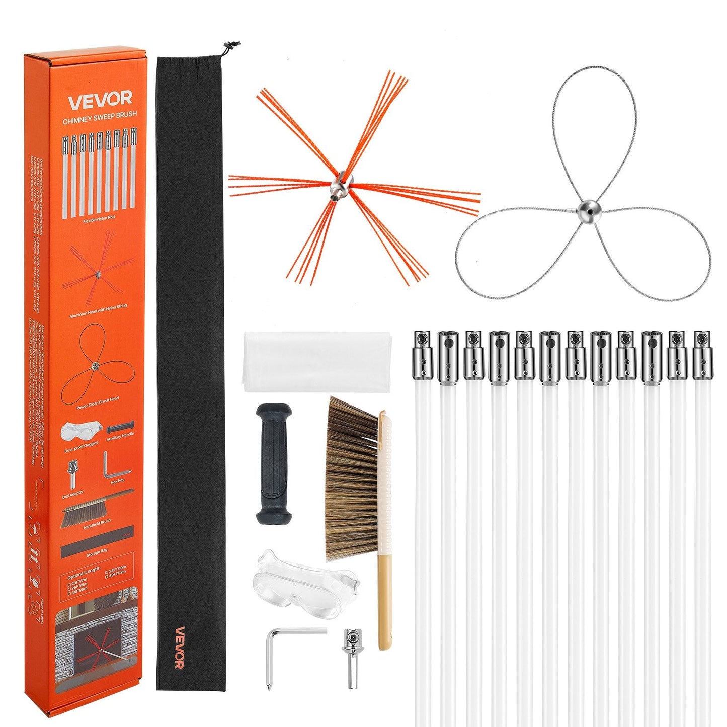 Chimney Sweep Kit, 12m Maximum Extendable Length Chimney Brush, Chimney Cleaner Sweeper with Dual Brush Heads, Brush & Goggles, Fireplace Cleaning Tool for Square, Rectangle, Arch Chimneys