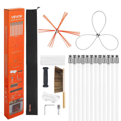Chimney Sweep Kit, 12m Maximum Extendable Length Chimney Brush, Chimney Cleaner Sweeper with Dual Brush Heads, Brush & Goggles, Fireplace Cleaning Tool for Square, Rectangle, Arch Chimneys