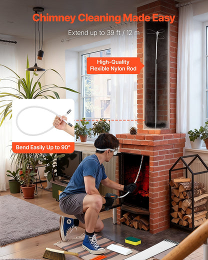 Chimney Sweep Kit, 12m Maximum Extendable Length Chimney Brush, Chimney Cleaner Sweeper with Dual Brush Heads, Brush & Goggles, Fireplace Cleaning Tool for Square, Rectangle, Arch Chimneys