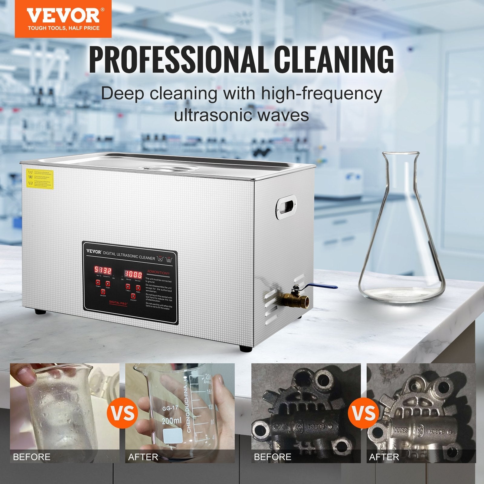 Ultrasonic Cleaner with Digital Timer & Heater, Professional Ultra Sonic Jewelry Cleaner, Stainless Steel Heated Cleaning Machine for Glasses Watch Rings Small Parts Circuit Board (30L).