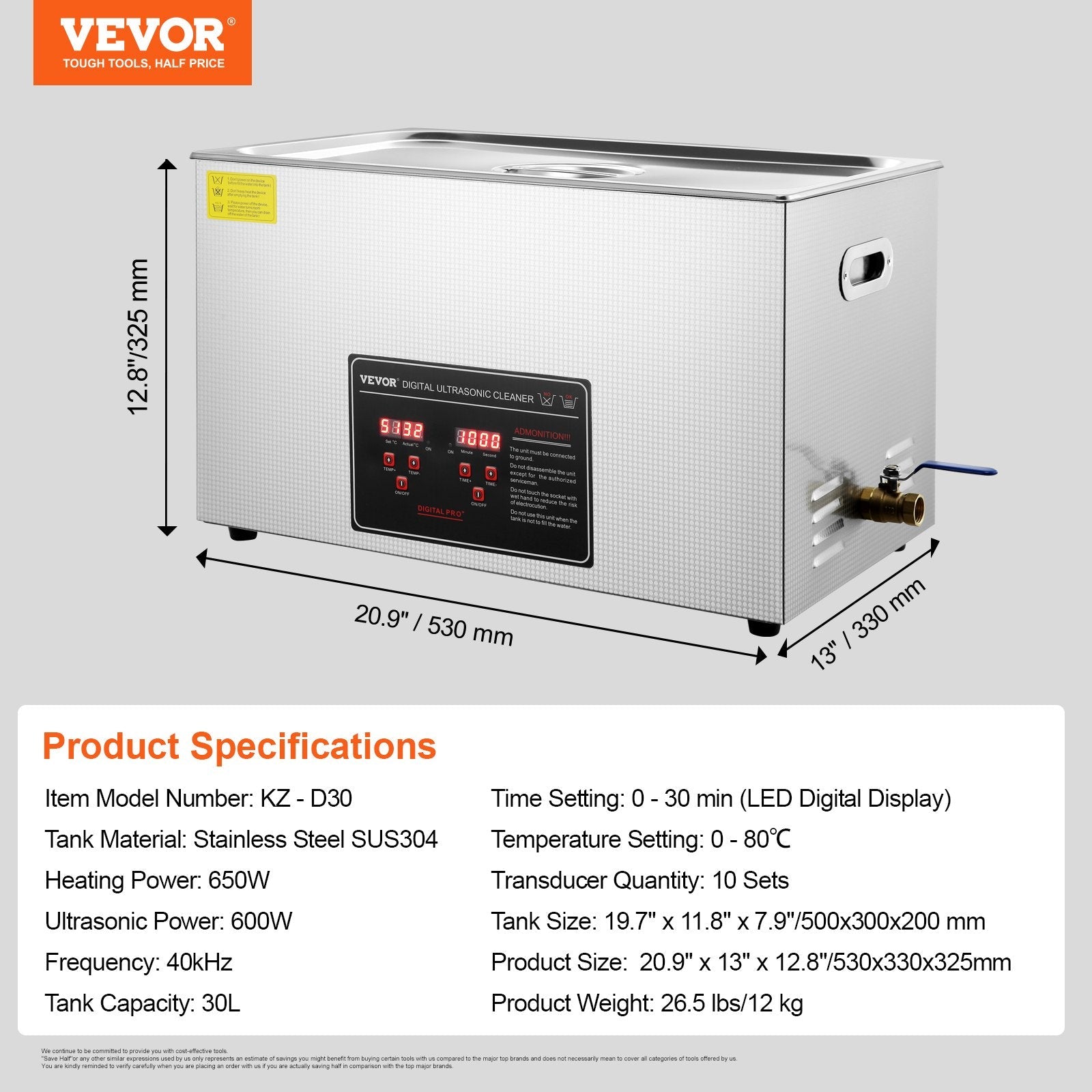 Ultrasonic Cleaner with Digital Timer & Heater, Professional Ultra Sonic Jewelry Cleaner, Stainless Steel Heated Cleaning Machine for Glasses Watch Rings Small Parts Circuit Board (30L).