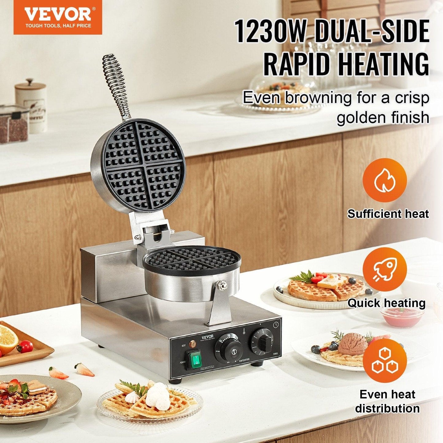 Commercial Waffle Maker, 1230W Round Waffle Baker Machine, Non-Stick Stainless Steel Belgian Waffle Iron with Temperature and Time Control, Handle, for Restaurant Bakery Snack Bar Family.