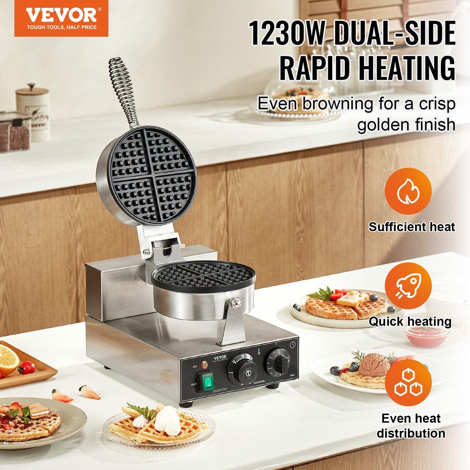 Commercial Waffle Maker, 1230W Round Waffle Baker Machine, Non-Stick Stainless Steel Belgian Waffle Iron with Temperature and Time Control, Handle, for Restaurant Bakery Snack Bar Family.