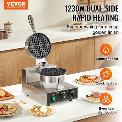 Commercial Waffle Maker, 1230W Round Waffle Baker Machine, Non-Stick Stainless Steel Belgian Waffle Iron with Temperature and Time Control, Handle, for Restaurant Bakery Snack Bar Family.