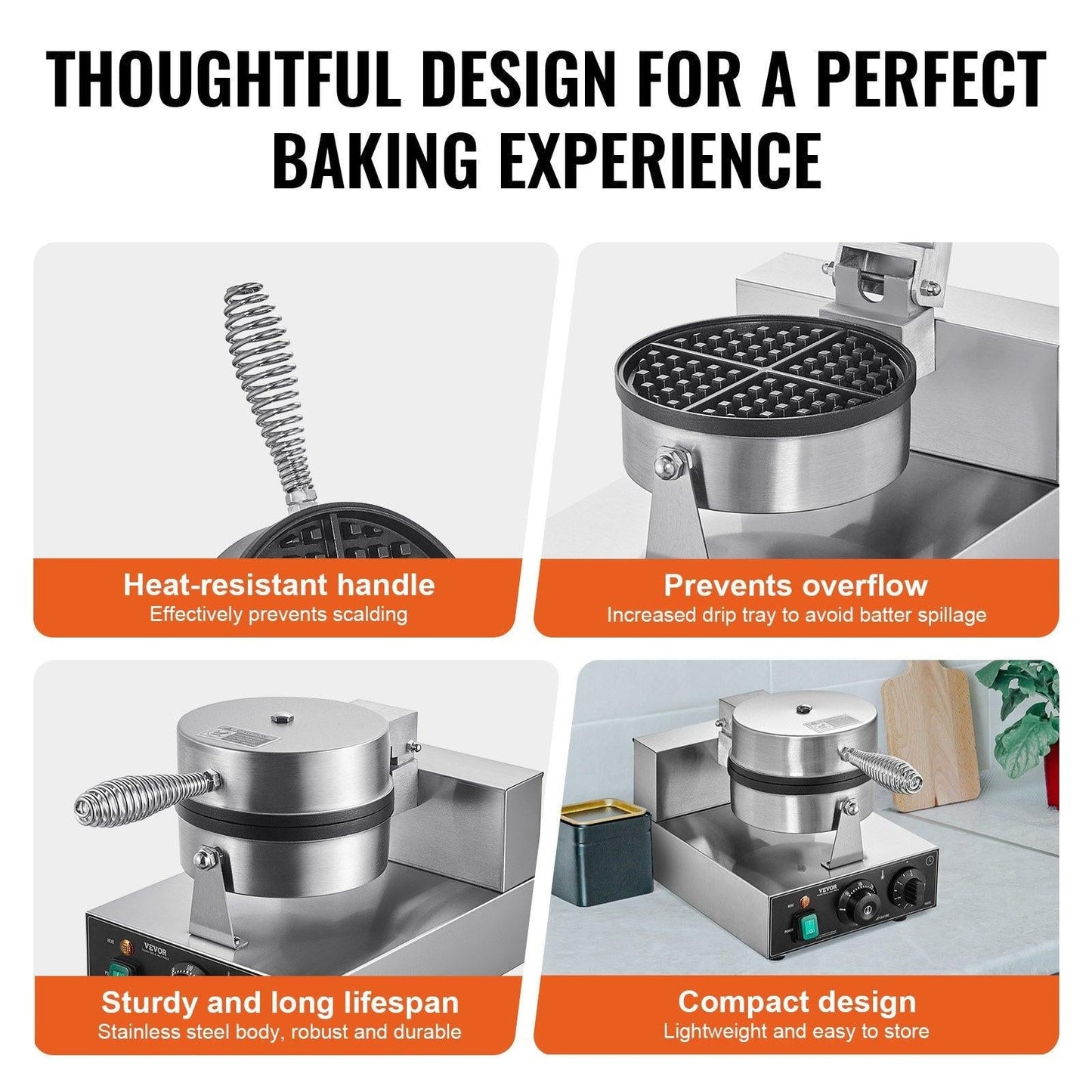 Commercial Waffle Maker, 1230W Round Waffle Baker Machine, Non-Stick Stainless Steel Belgian Waffle Iron with Temperature and Time Control, Handle, for Restaurant Bakery Snack Bar Family.