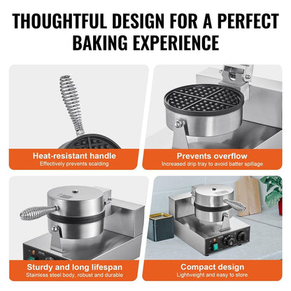 Commercial Waffle Maker, 1230W Round Waffle Baker Machine, Non-Stick Stainless Steel Belgian Waffle Iron with Temperature and Time Control, Handle, for Restaurant Bakery Snack Bar Family.