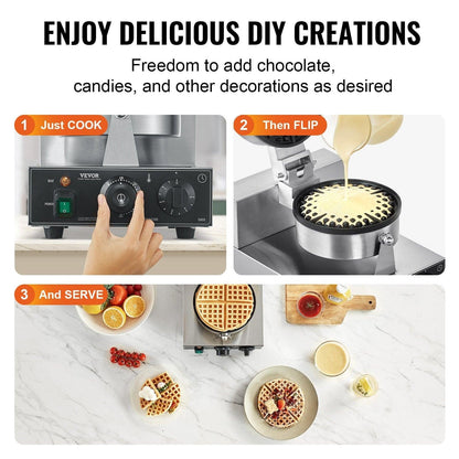 Commercial Waffle Maker, 1230W Round Waffle Baker Machine, Non-Stick Stainless Steel Belgian Waffle Iron with Temperature and Time Control, Handle, for Restaurant Bakery Snack Bar Family.
