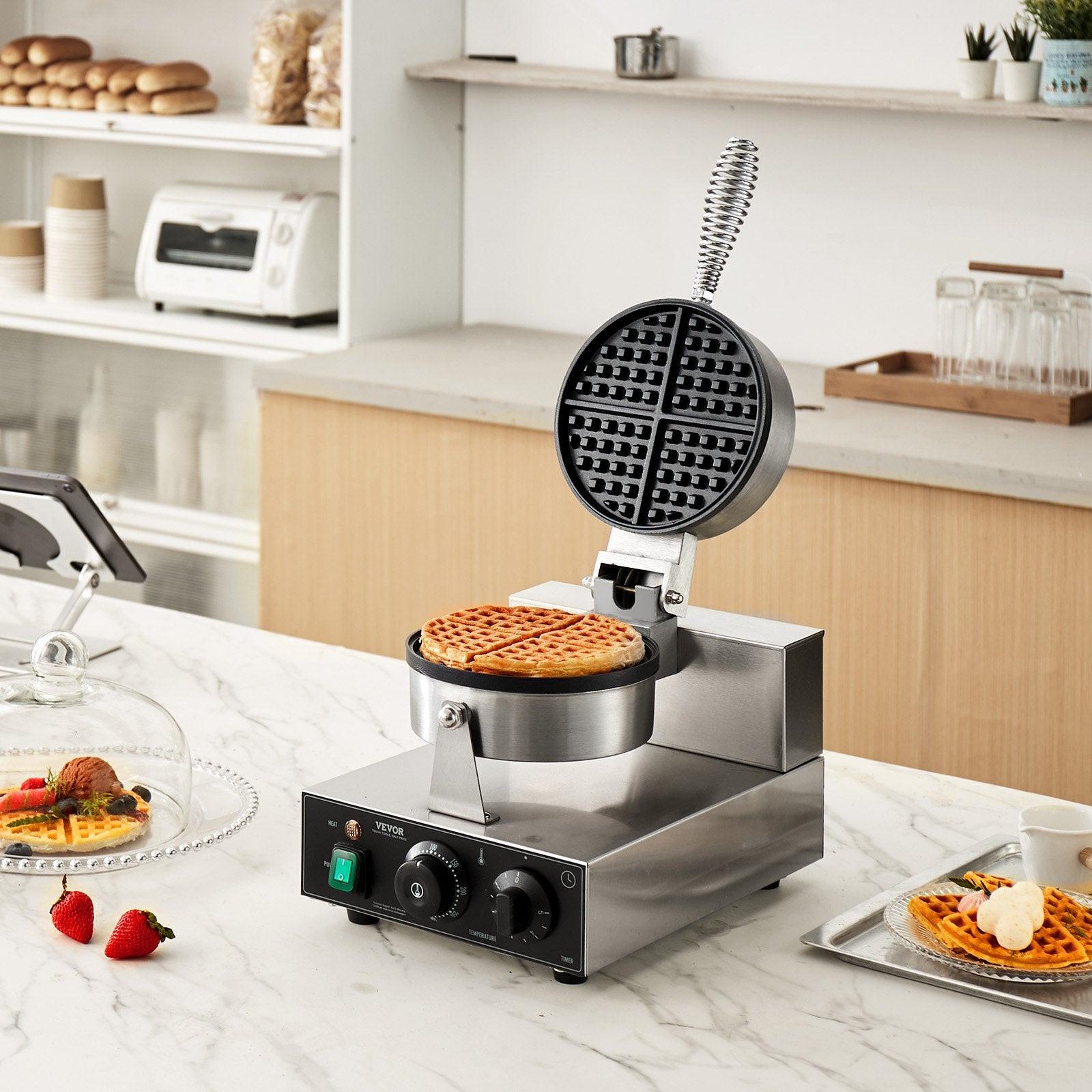 Commercial Waffle Maker, 1230W Round Waffle Baker Machine, Non-Stick Stainless Steel Belgian Waffle Iron with Temperature and Time Control, Handle, for Restaurant Bakery Snack Bar Family.