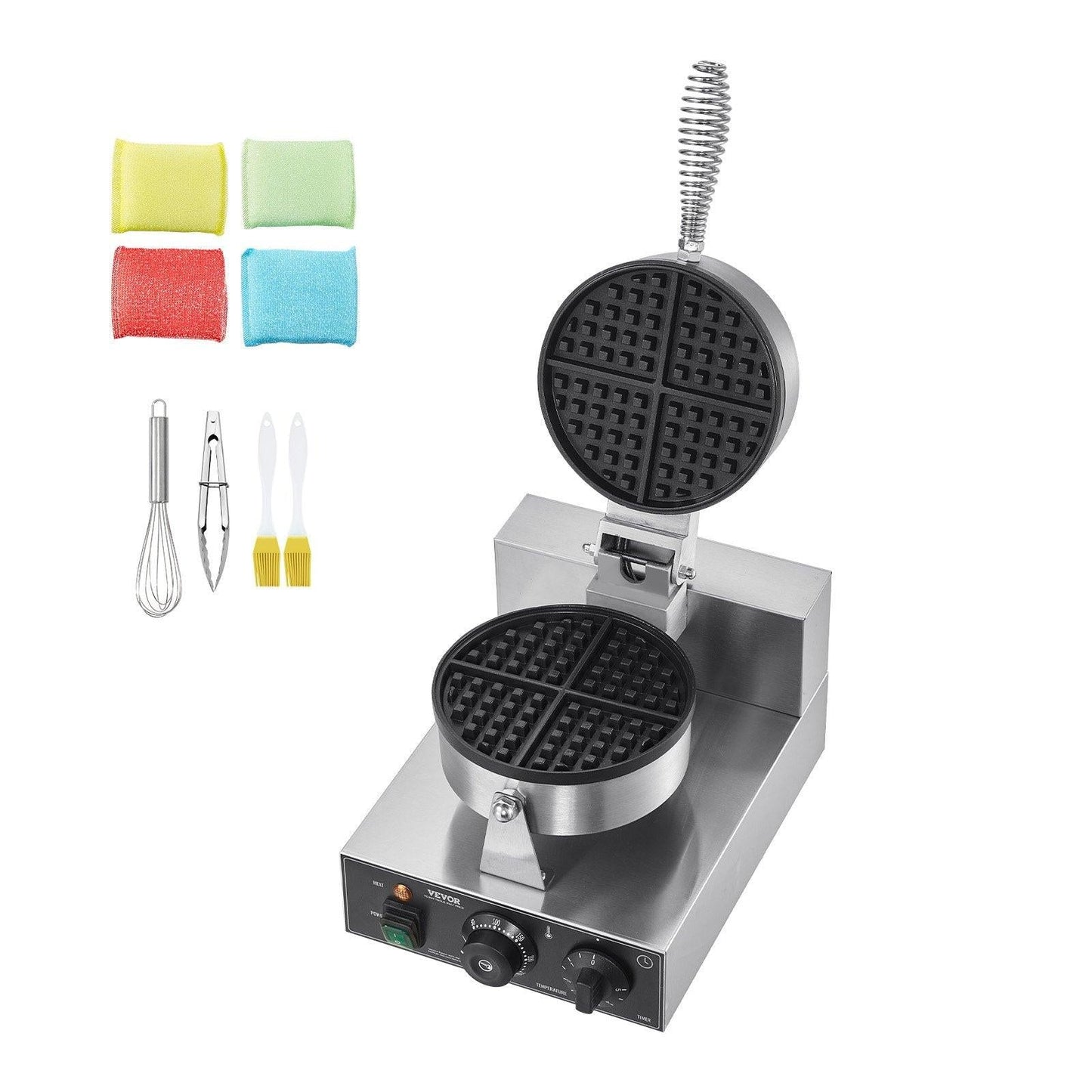 Commercial Waffle Maker, 1230W Round Waffle Baker Machine, Non-Stick Stainless Steel Belgian Waffle Iron with Temperature and Time Control, Handle, for Restaurant Bakery Snack Bar Family.