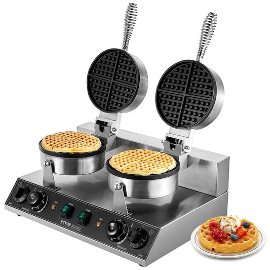 Commercial Waffle Maker, Dual-Head Round Waffle Baker Machine, 2460W Non-Stick Stainless Steel Belgian Waffle Iron with Temp and Time Control, Handle, for Restaurant Bakery Snack Bar Family.