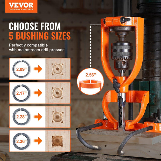 Mortising Attachment for Drill Press, 4 Model Drills Square Hole Chisel Set, Bench Drill Locator Set Mortise and Tenon Tools with 5 Bushings, for Woodworking Mortising Tenoning Drilling Machine.