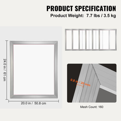 Screen Printing Kit, 6 Pieces Aluminum Silk Screen Printing Frames, 20x24inch Silk Screen Printing Frame with 160 Count Mesh, High Tension Nylon Mesh and Sealing Tape for T-shirts DIY Printing