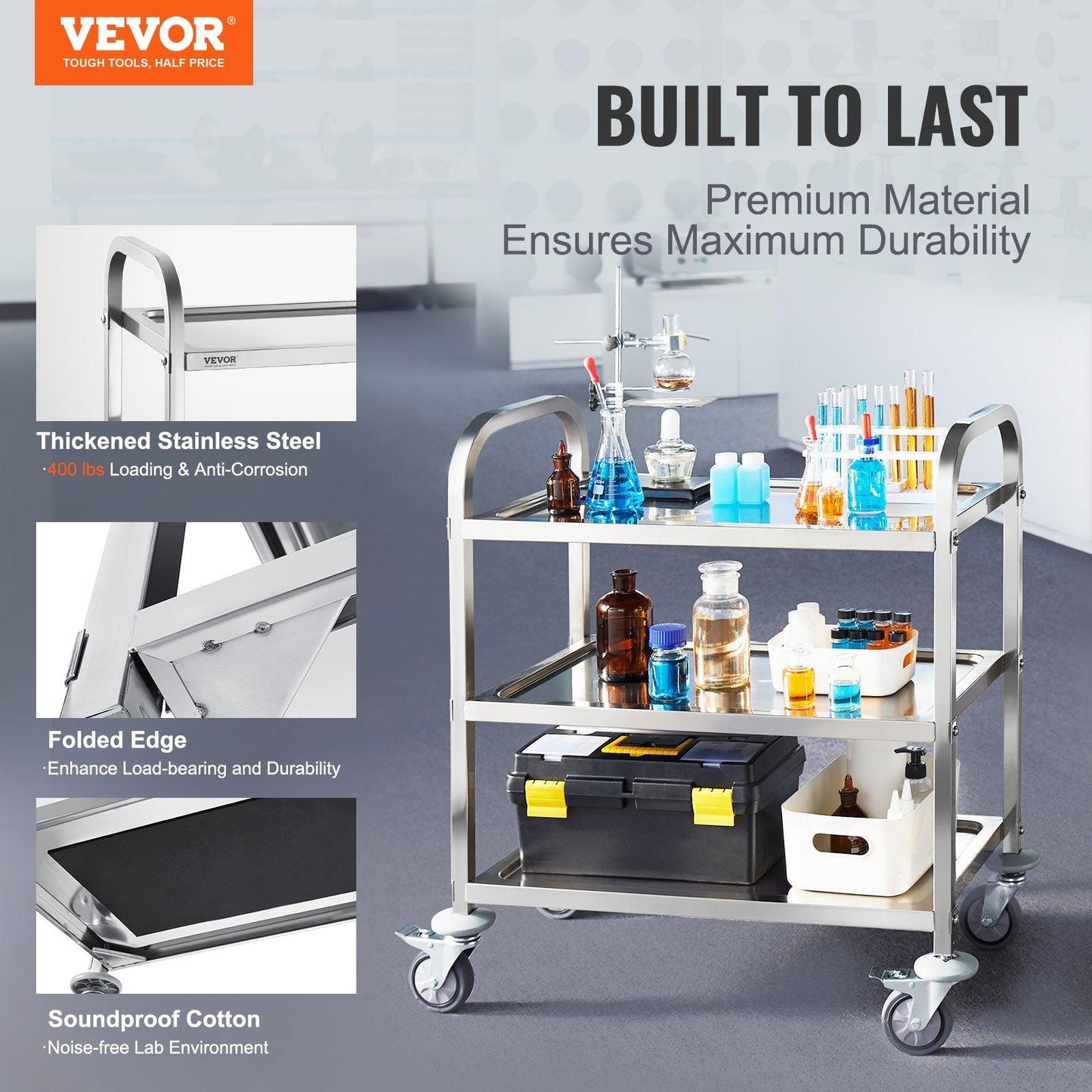 VEVORÂ Stainless Steel Cart,Â 3 LayersÂ Lab Utility CartÂ 181 kg Weight Capacity,Â Medical CartÂ with Lockable Universal Wheels, for Lab, Clinic, Kitchen, Salon.