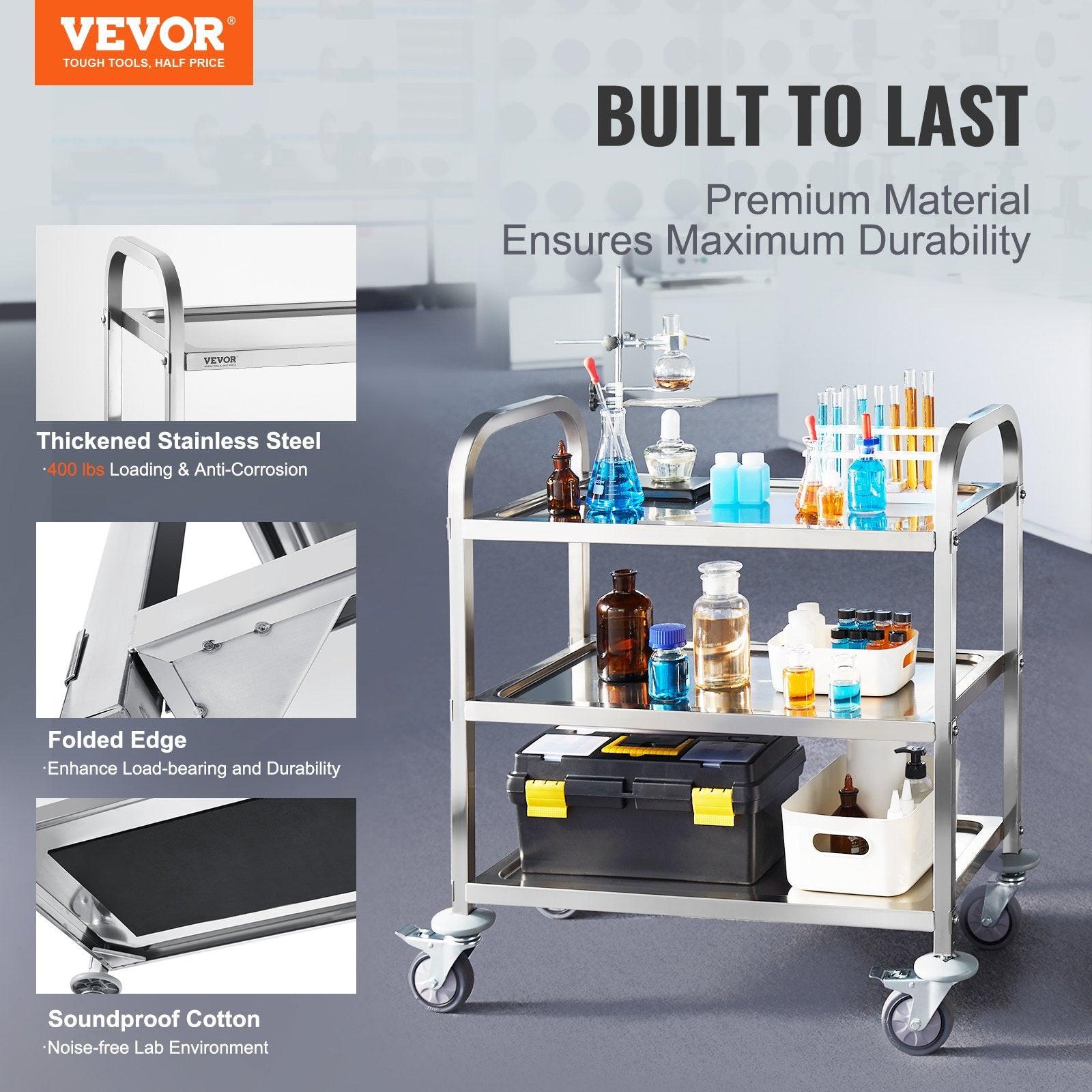 VEVORÂ Stainless Steel Cart,Â 3 LayersÂ Lab Utility CartÂ 181 kg Weight Capacity,Â Medical CartÂ with Lockable Universal Wheels, for Lab, Clinic, Kitchen, Salon.