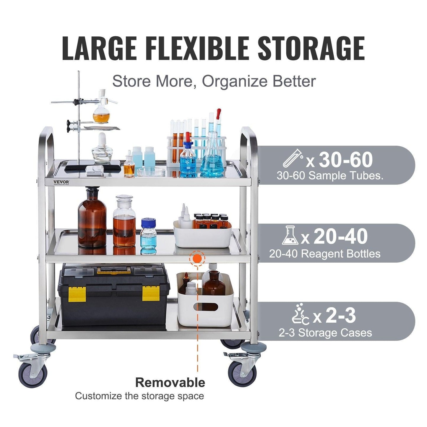VEVORÂ Stainless Steel Cart,Â 3 LayersÂ Lab Utility CartÂ 181 kg Weight Capacity,Â Medical CartÂ with Lockable Universal Wheels, for Lab, Clinic, Kitchen, Salon.