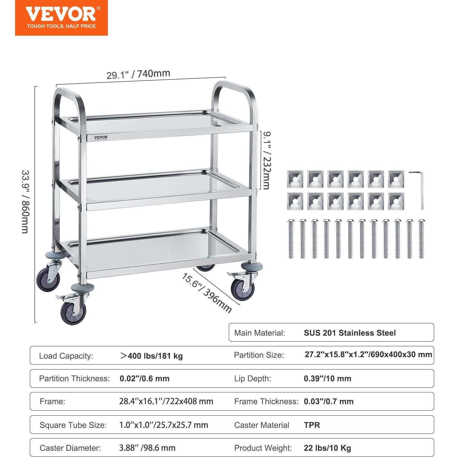 VEVORÂ Stainless Steel Cart,Â 3 LayersÂ Lab Utility CartÂ 181 kg Weight Capacity,Â Medical CartÂ with Lockable Universal Wheels, for Lab, Clinic, Kitchen, Salon.