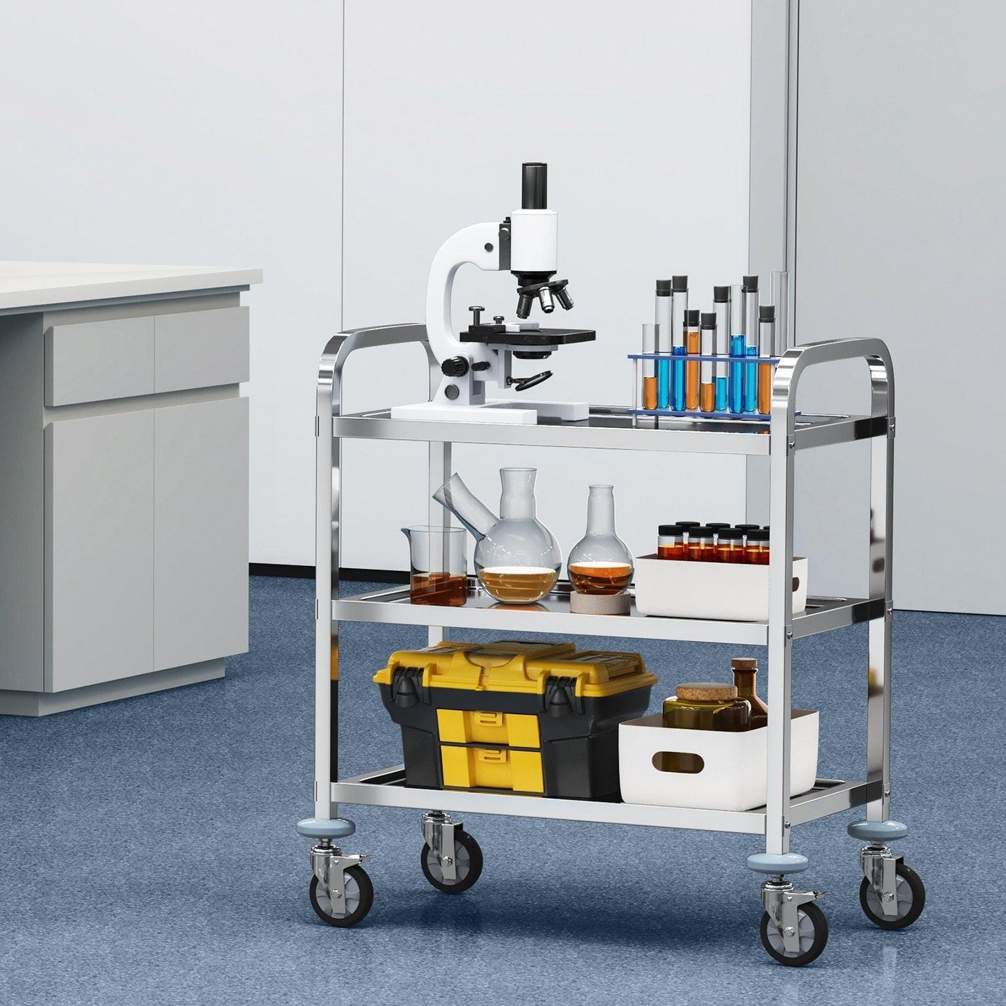 VEVORÂ Stainless Steel Cart,Â 3 LayersÂ Lab Utility CartÂ 181 kg Weight Capacity,Â Medical CartÂ with Lockable Universal Wheels, for Lab, Clinic, Kitchen, Salon.