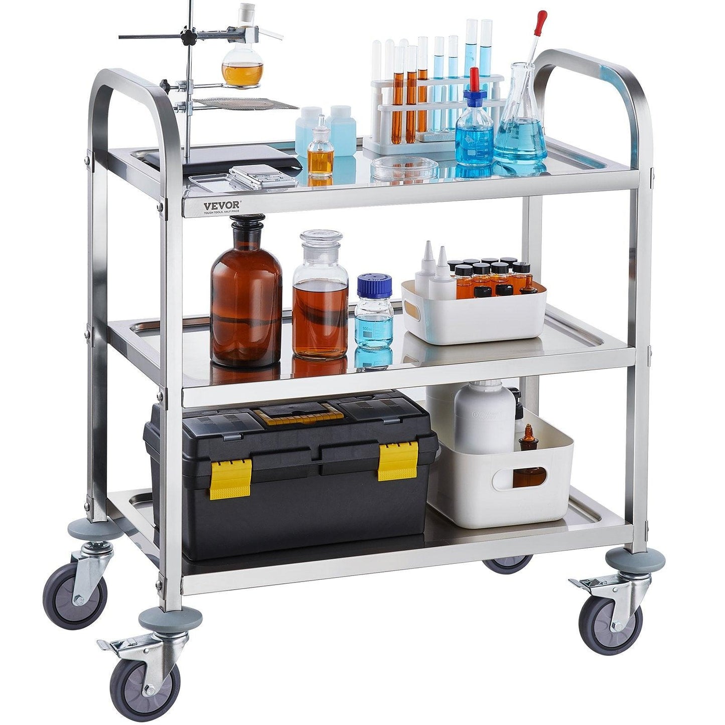 VEVORÂ Stainless Steel Cart,Â 3 LayersÂ Lab Utility CartÂ 181 kg Weight Capacity,Â Medical CartÂ with Lockable Universal Wheels, for Lab, Clinic, Kitchen, Salon.