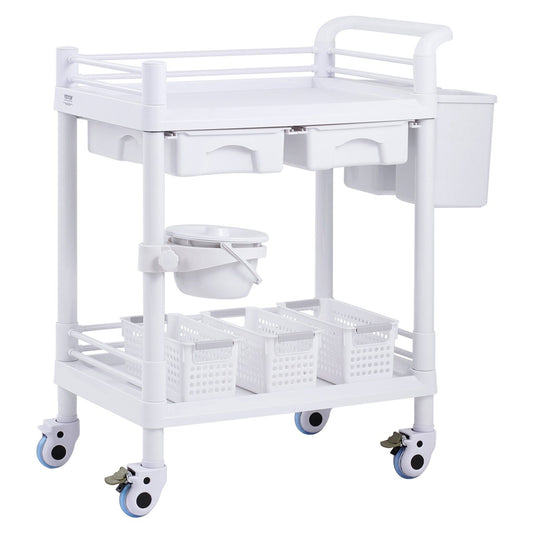 2 Tiers Lab Carts, Lab Utility Cart with 2 Trays, 2 Drawers & 4 Silent Wheels, Mobile Medical Cart with PP Material, Lab Rolling Cart with 3 Trash Cans for Lab, Clinic, Hospital, Salon, White