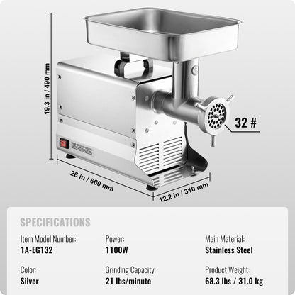 Commercial Electric Meat Grinder 21 Lbs/Min Sausage Stuffer Maker Kitchen.