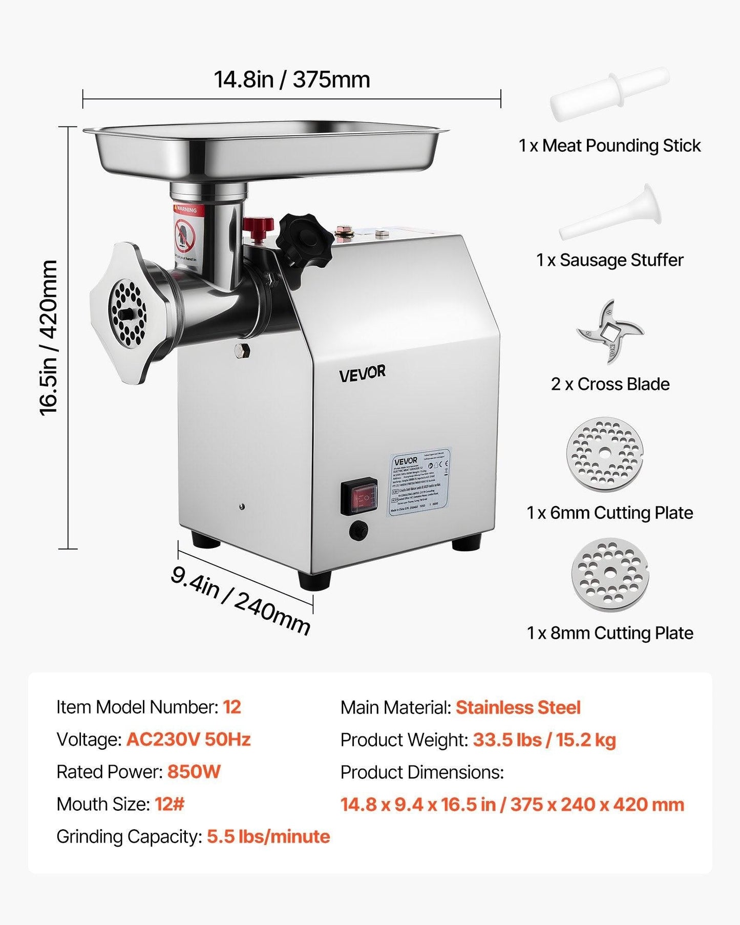 Commercial Electric Meat Grinder 5.5 Lbs/Min Sausage Stuffer Maker Kitchen.