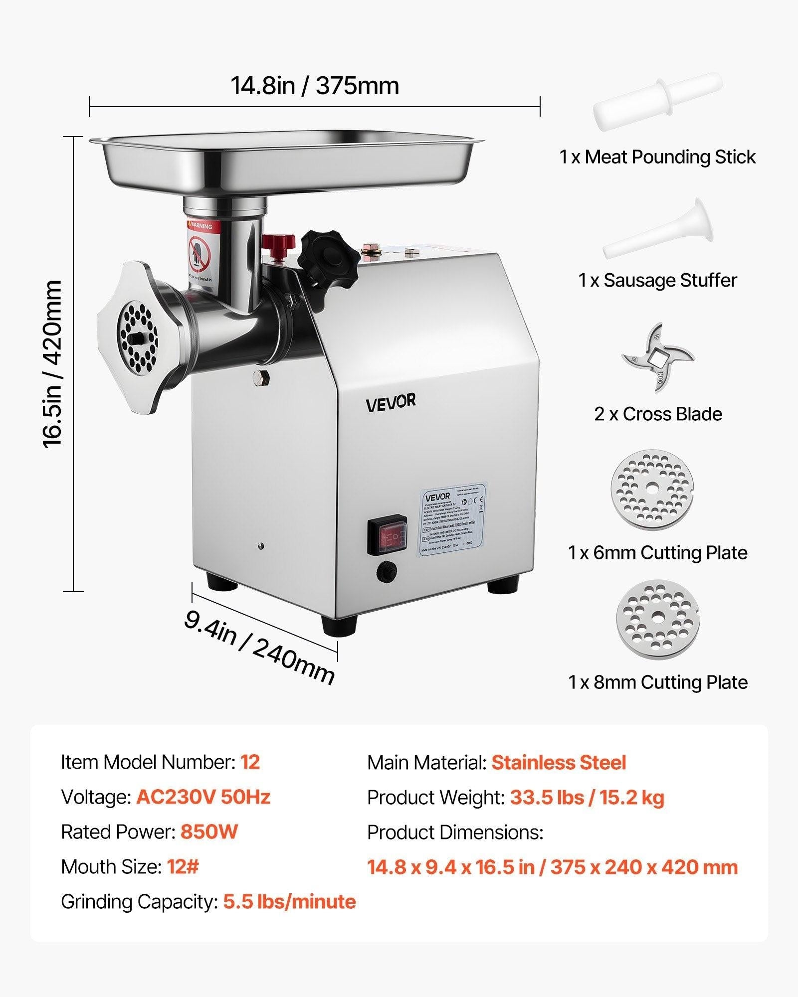 Commercial Electric Meat Grinder 5.5 Lbs/Min Sausage Stuffer Maker Kitchen.
