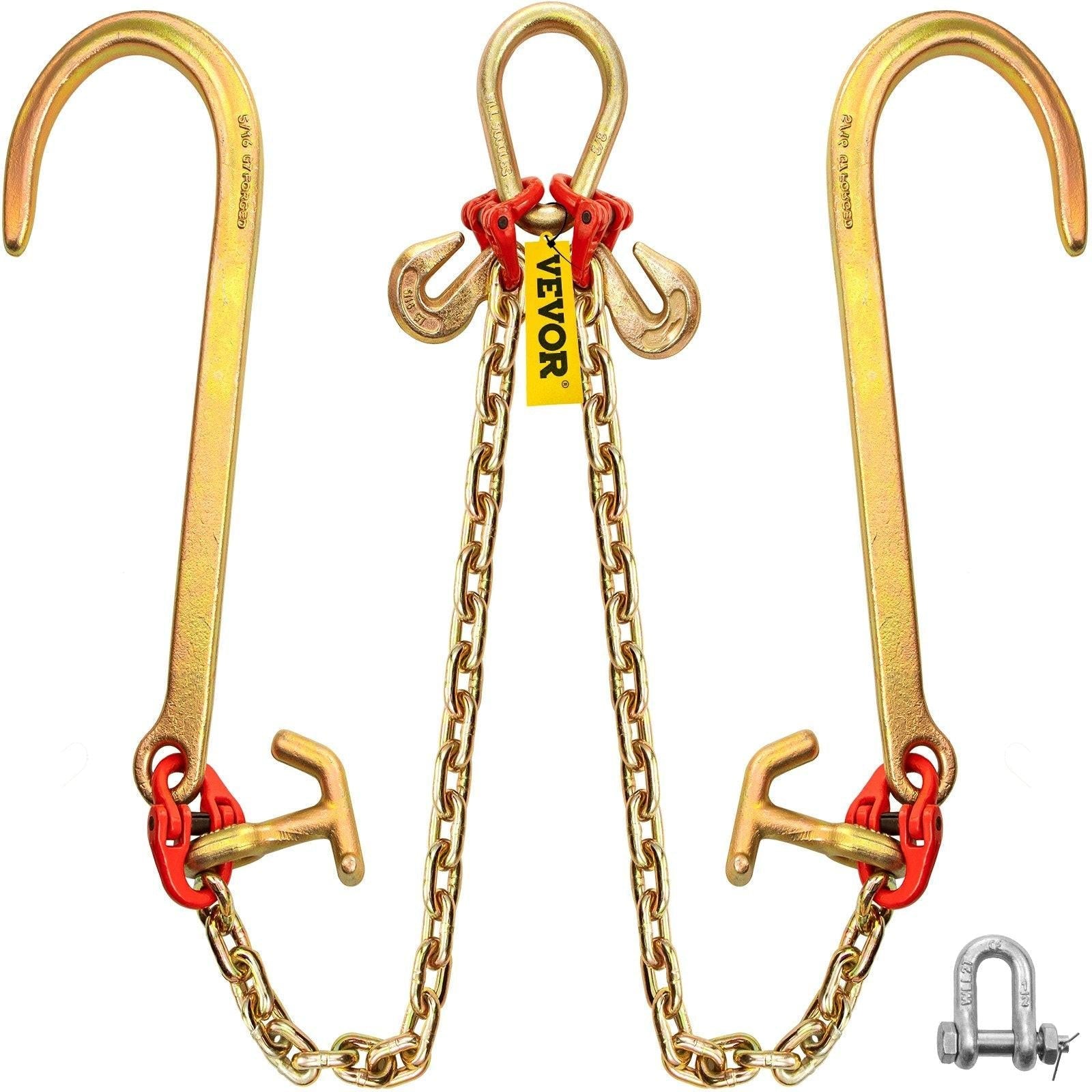 V Bridle Chain, 5/16 in x 2 ft Tow Chain Bridle, Grade 80 V-Bridle Transport Chain, 9260 Lbs Break Strength with TJ Hooks & Grab Hooks, Heavy Duty Pear Link Connector and Chain Shorteners.