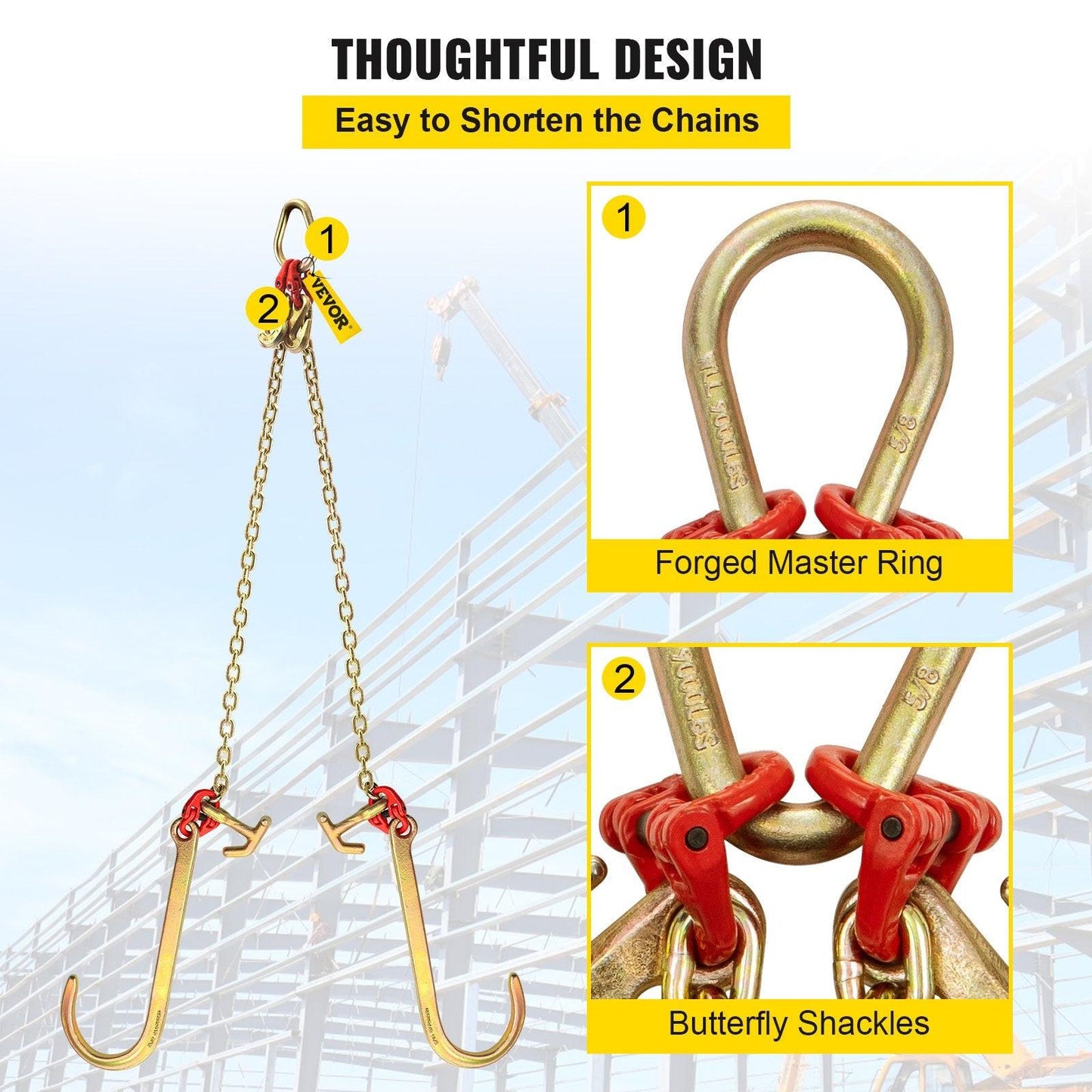 V Bridle Chain, 5/16 in x 2 ft Tow Chain Bridle, Grade 80 V-Bridle Transport Chain, 9260 Lbs Break Strength with TJ Hooks & Grab Hooks, Heavy Duty Pear Link Connector and Chain Shorteners.