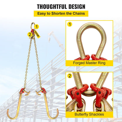 V Bridle Chain, 5/16 in x 2 ft Tow Chain Bridle, Grade 80 V-Bridle Transport Chain, 9260 Lbs Break Strength with TJ Hooks & Grab Hooks, Heavy Duty Pear Link Connector and Chain Shorteners.
