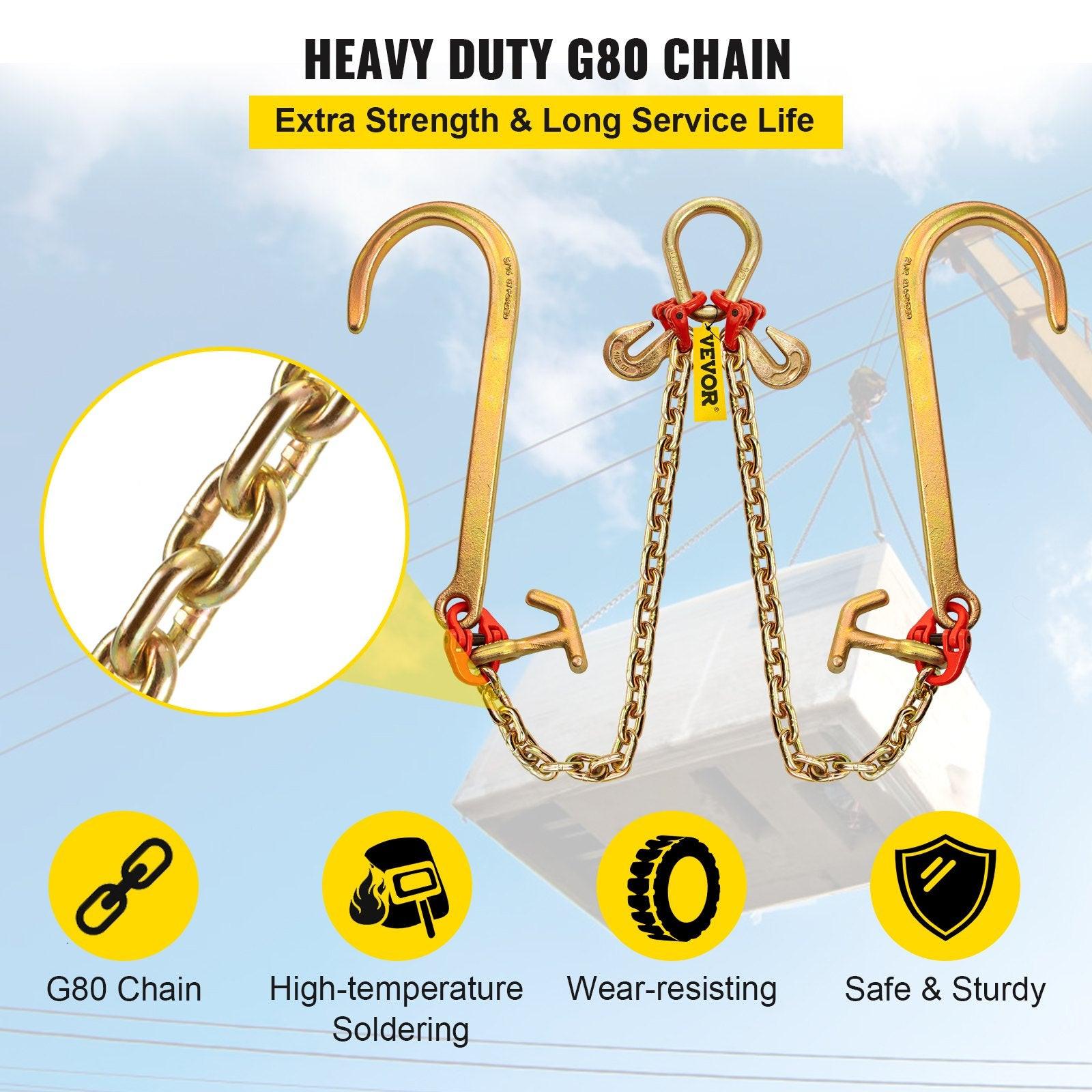 V Bridle Chain, 5/16 in x 2 ft Tow Chain Bridle, Grade 80 V-Bridle Transport Chain, 9260 Lbs Break Strength with TJ Hooks & Grab Hooks, Heavy Duty Pear Link Connector and Chain Shorteners.