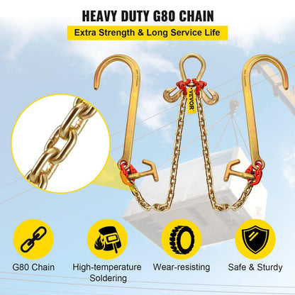 V Bridle Chain, 5/16 in x 2 ft Tow Chain Bridle, Grade 80 V-Bridle Transport Chain, 9260 Lbs Break Strength with TJ Hooks & Grab Hooks, Heavy Duty Pear Link Connector and Chain Shorteners.