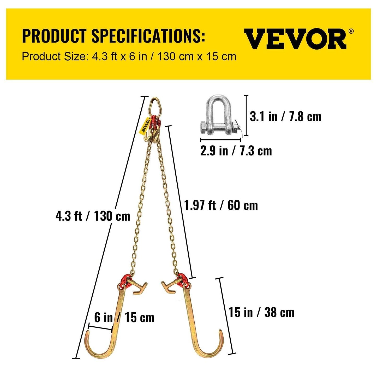 V Bridle Chain, 5/16 in x 2 ft Tow Chain Bridle, Grade 80 V-Bridle Transport Chain, 9260 Lbs Break Strength with TJ Hooks & Grab Hooks, Heavy Duty Pear Link Connector and Chain Shorteners.