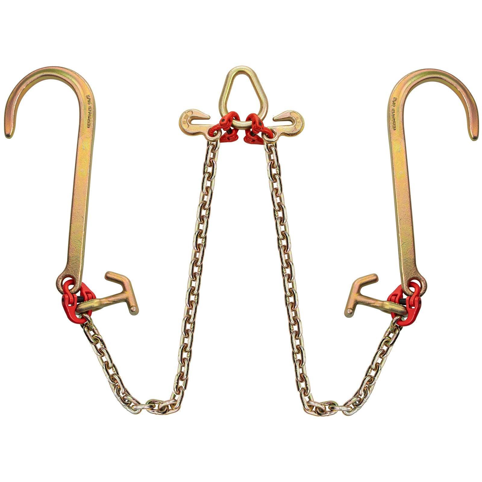V Bridle Chain, 5/16 in x 2 ft Tow Chain Bridle, Grade 80 V-Bridle Transport Chain, 9260 Lbs Break Strength with TJ Hooks & Grab Hooks, Heavy Duty Pear Link Connector and Chain Shorteners.