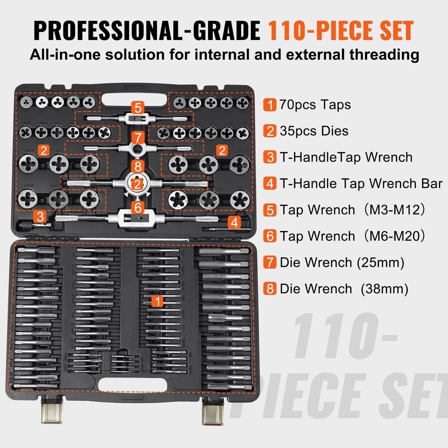 Tap and Die Set 110Pcs Metric Size M2 to M18 Bearing Steel Threading Tool.