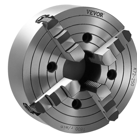 4-Jaw Lathe Chuck, 10 in (250 mm), Lathe Chuck, 0.6-9.84 in (15-250 mm) Clamping Range with T-key Fixing Screws Reversible Jaws, HT300 Cast Iron Material, Internal External for Wood Metal Lathe.