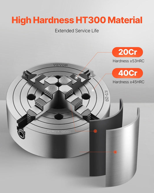 4-Jaw Lathe Chuck, 10 in (250 mm), Lathe Chuck, 0.6-9.84 in (15-250 mm) Clamping Range with T-key Fixing Screws Reversible Jaws, HT300 Cast Iron Material, Internal External for Wood Metal Lathe.