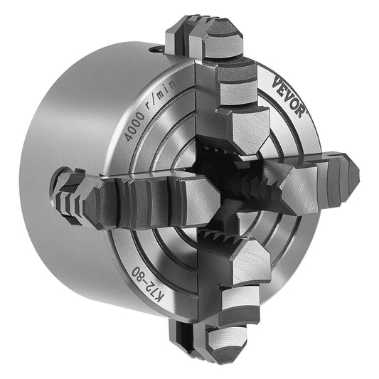 4-Jaw Lathe Chuck, 3 Inch (80 mm), 4-Jaw Chuck, 0.1-3.15 in (5-80 mm) Clamping Range with T-key Fixing Screws Reversible Jaws, HT300 Material, Internal External for Wood Metal Lathe.
