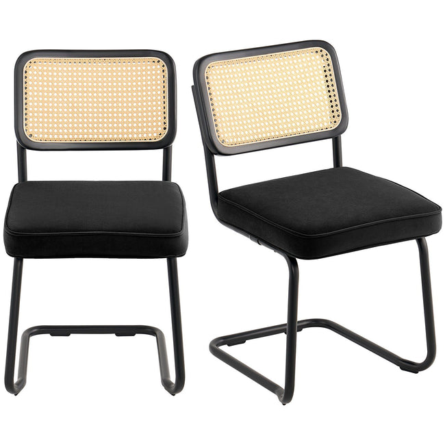 Rattan Chairs, Set of 2, Mid Century Modern Dining Chair, Upholstered Velvet Accent Chair with Rattan Back, Retro Dining Room Kitchen Chair for Living Room, Bedroom, Reading Room, Office, Black Hover Image