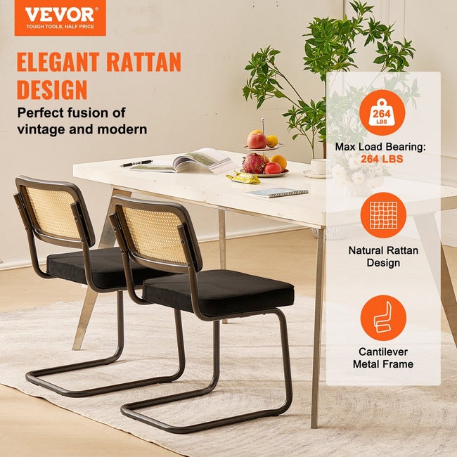 Rattan Chairs, Set of 2, Mid Century Modern Dining Chair, Upholstered Velvet Accent Chair with Rattan Back, Retro Dining Room Kitchen Chair for Living Room, Bedroom, Reading Room, Office, Black Main Image