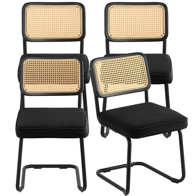 Rattan Chairs, Set of 4, Mid Century Modern Dining Chair, Upholstered Velvet Accent Chair with Rattan Back, Retro Dining Room Kitchen Chair for Living Room, Bedroom, Reading Room, Office, Black Hover Image