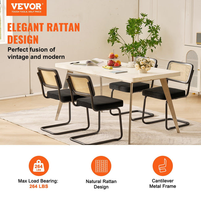 Rattan Chairs, Set of 4, Mid Century Modern Dining Chair, Upholstered Velvet Accent Chair with Rattan Back, Retro Dining Room Kitchen Chair for Living Room, Bedroom, Reading Room, Office, Black Main Image