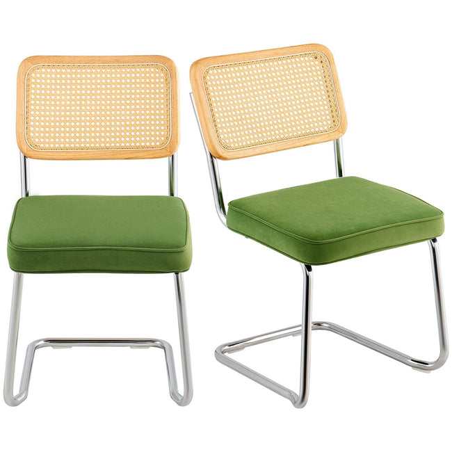 Rattan Chairs, Set of 2, Mid Century Modern Dining Chair, Upholstered Velvet Accent Chair with Rattan Back, Retro Dining Room Kitchen Chair for Living Room, Bedroom, Reading Room, Office, Green Hover Image