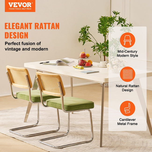 Rattan Chairs, Set of 2, Mid Century Modern Dining Chair, Upholstered Velvet Accent Chair with Rattan Back, Retro Dining Room Kitchen Chair for Living Room, Bedroom, Reading Room, Office, Green Main Image
