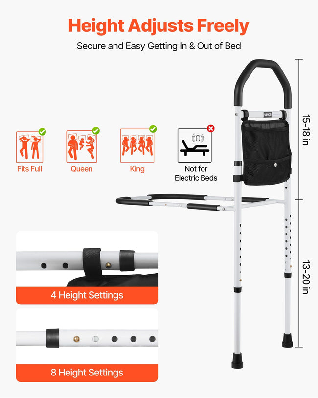 Bed Rail for Elderly, Bedside Assist Rails with Supporting Leg and PU Handrail, Adjustable Height Carbon Steel Pipe Bedside Cane, Bed Bars for Seniors & Patients, Fits King, Queen, Full, Twin Main Image