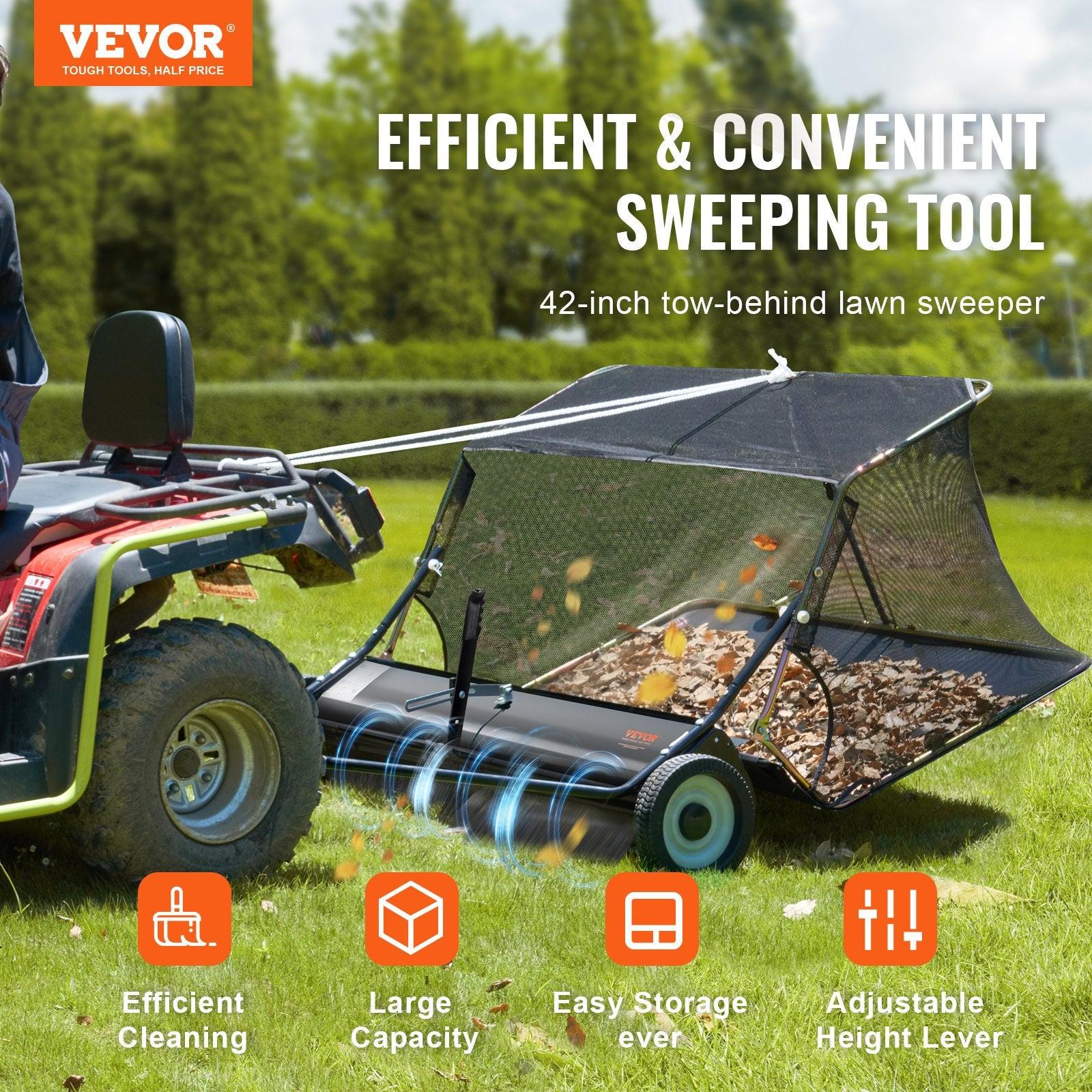 106.6 cm Lawn Sweeper Tow Behind, 12 cu.ft. Large Pull Behind Grass Sweeper, Heavy Duty Leaf & Grass Collector with Dumping Rope Design, Adjustable Sweeping Height for Picking Up Debris & Grass.